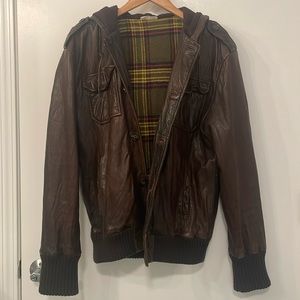 Live.better.ever. leather hooded jacket.